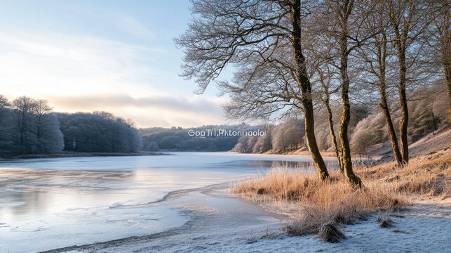 Serene frozen lake landscape with frosted trees and a touch of sunlight