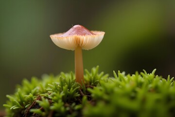 Close-Up of a Tiny Mushroom Sprouting from Forest Moss