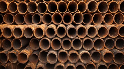 Stacked rusted metal pipes creating a symmetrical industrial pattern