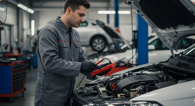 Man in Gray Overalls Inspecting Car Engine with Diagnostic Tool in Auto Repair Shop Modern Automotive Service Center