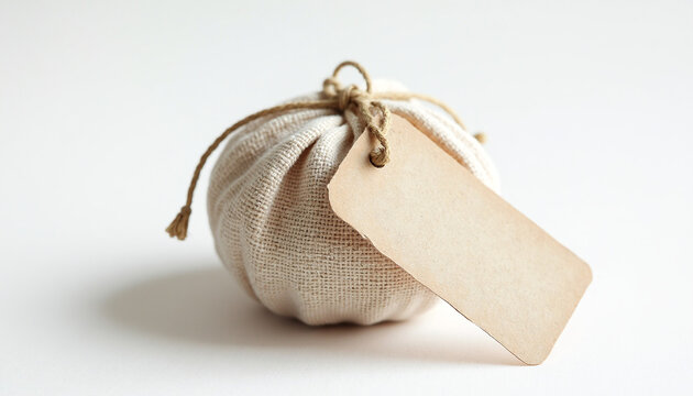 A small white bag with a brown tag attached to it.
