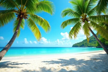 Obraz premium Sunny day at the beach with palm trees and turquoise waters, sunny, tropical