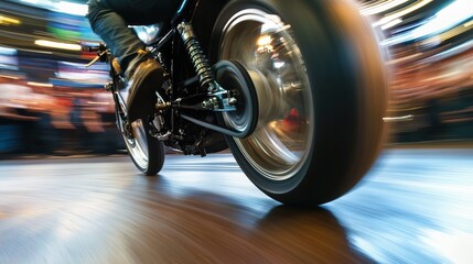 Obraz premium Close-Up of a Racing Motorcycle Wheel in Motion, Capturing Speed and Energy on a Dynamic Track