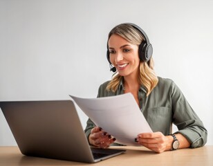 A smiling female Voice Over Artist reading a script while monitoring audio levels on a laptop. Solid white background