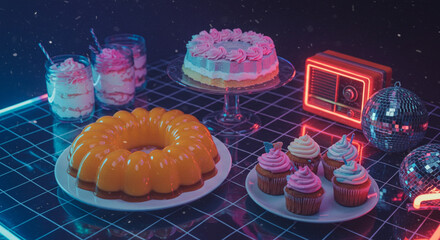 Retro Neon Dessert Party with Jelly Mold, Cake, and Cupcakes