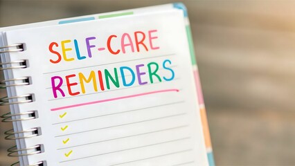 Student  Mental Health Support concept Self-care reminders written in colorful letters on a spiral notebook page.