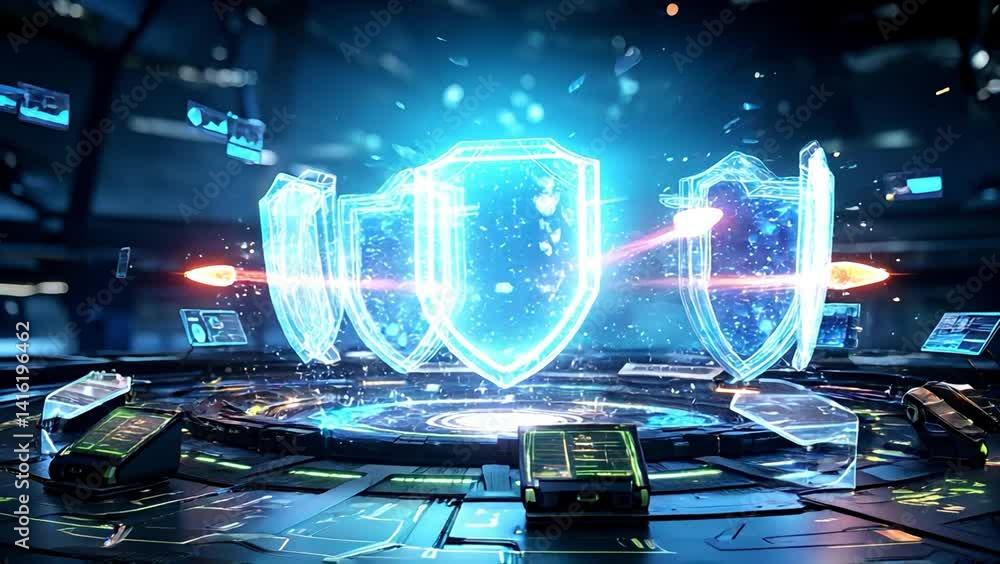 Poster immersive holographic security visualization glowing digital firewalls and shield patterns