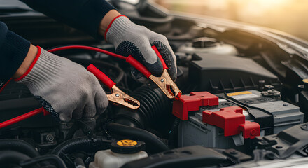 Hands Jumps Starting Car Battery with Red and Black Cables in Automotive Repair Under Hood with Sunlight
