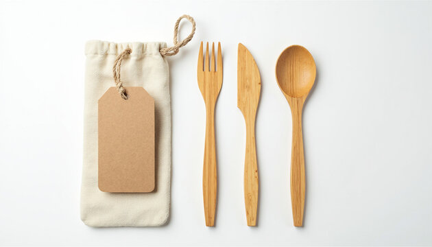 A set of wooden utensils with a tag attached to it.