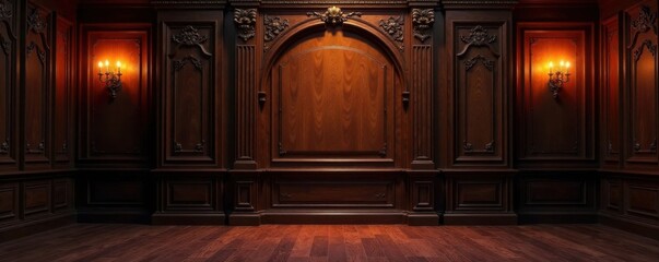 Dark wood paneling with intricate carvings and a warm glow, earthy, ambient, wood paneling