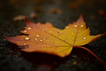 Close-up of a Fallen Autumn Leaf with Raindrops