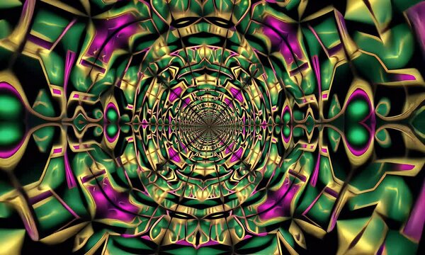 video showing glowing fractal tunnel in high definition with mesmerizing animated shapes forming recursive geometric designs