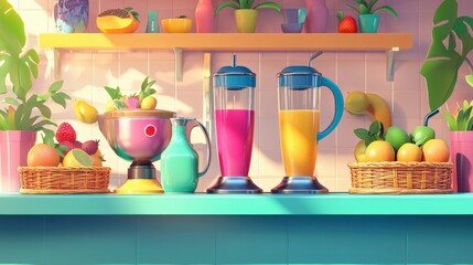 Colorful Juice Bar: A vibrant kitchen scene featuring two blenders filled with freshly squeezed juices, flanked by baskets brimming with colorful fruits, evoking a sense of freshness, health.