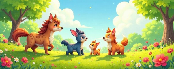 Fototapeta premium Colorful sketch animal friends playing together in a sunny meadow, playful, outdoor