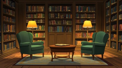 Cozy Reading Room: Two inviting armchairs facing each other in a classic library, perfect for a quiet, cozy reading session. Surrounded by towering bookshelves filled with books.
