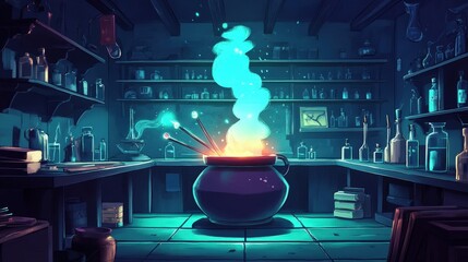 Mystical Alchemy: A mesmerizing digital illustration depicting an enchanting potion brewing in a cauldron. The iridescent blue vapors rising from the cauldron create an aura of magic and mystery.