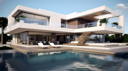 Fototapeta premium A stunning modern villa nestled amongst lush greenery, boasting a sleek design, expansive glass windows, and a luxurious infinity pool under a bright sunny sky.