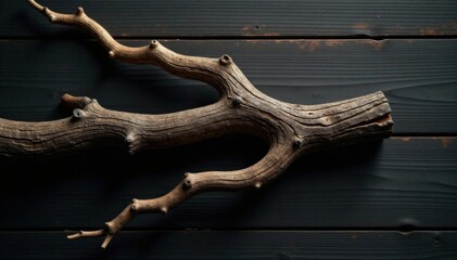Close-up of a twisted, gnarled tree branch on dark wooden background, forest elements, gnarled, tree trunks