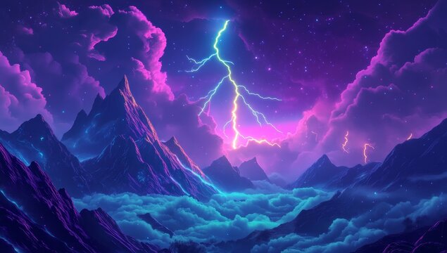 Vibrant purple and blue mountain range with lightning strike and starry sky.