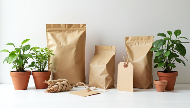A group of brown paper bags sitting on top of a white table.