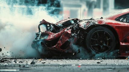 Fototapeta premium A dramatic close-up of a car accident at a Le Mans event, showcasing extensive damage with smoke and debris swirling around, capturing the intensity of motorsport.