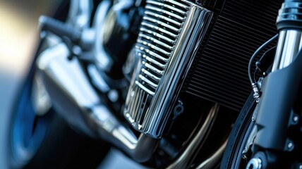 A detailed close-up shot showcasing the radiator of a superbike, emphasizing the sleek chrome finish and modern engineering. Perfect for automotive enthusiasts and designers.