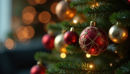 Fototapeta premium Christmas tree with sparkling ornaments in soft focus, decoration, festive