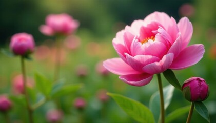 Obraz premium Delicate pink peony stems support full-bodied blossoms in shimmering hues, framing the landscape with effortless charm and sophistication , lush blooms, feminine