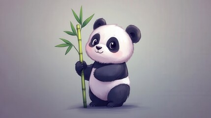 Adorable Panda Cub with Bamboo: A sweet and innocent panda cub with a charming expression holds onto a stalk of fresh bamboo, embodying cuteness and tenderness in this delightful digital illustration.