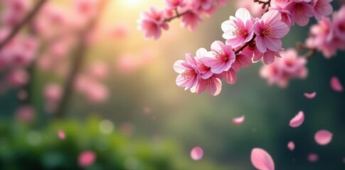 Obraz premium delicate pink sakura petals drifting downwards amidst lush green foliage, nature, cherry blossoms