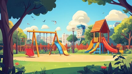 Playground Paradise: An enchanting illustration of a cheerful playground under a bright blue sky, offering a vibrant haven for children's play and recreation.