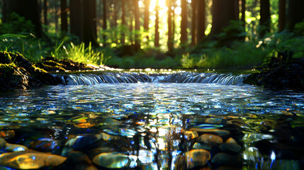Tranquil forest stream sunlight nature scene peaceful background