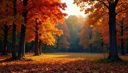 Fototapeta premium Dense autumn foliage with deciduous trees in a forest clearing, forest, dense foliage