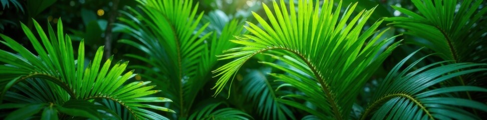 Dense cluster of vibrant green palm leaves in a tropical setting amidst lush foliage, foliage, close up