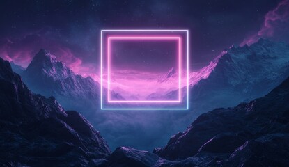 Pink neon square frame over a mystical mountain range at night.