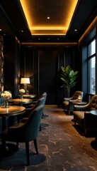 High-end black and gold VIP lounge interior with luxurious seating and decor , high end decor, black leather