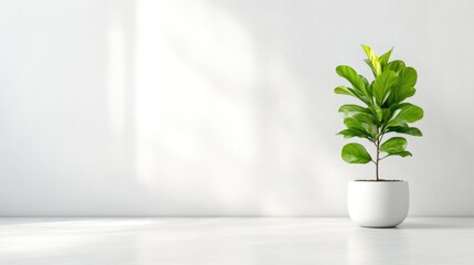 Minimalist plant in a white pot against a bright white wall. Sunlight streams in, casting soft shadows
