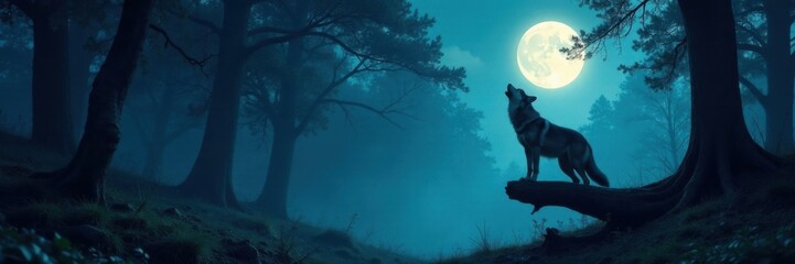 Dense forest illuminated by soft moonlight with a lone wolf standing on a branch, howling into the darkness, wolf, night, wildlife