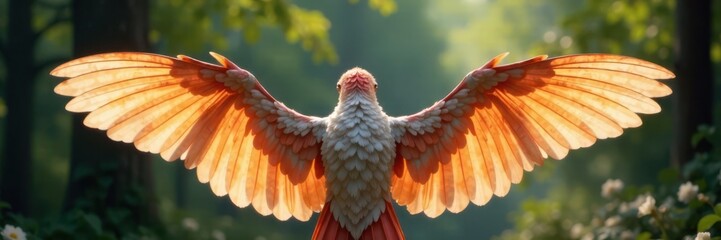 Obraz premium Delicate feathered wings sprouting from shoulders, wings, foliage