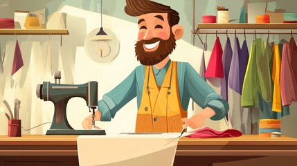 Artisan's Craft and Joy: A smiling artisan, a master of needle and thread, creates a world of fabric and style. His eyes sparkle with passion as he works on his craft in his workshop. 