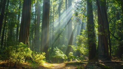 Obraz premium A tranquil forest scene with towering trees and dappled sunlight filtering through the canopy, emphasizing the importance of conservation and preserving natural habitats.