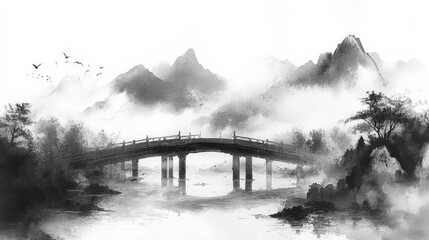 Serene Bridge: An artistic depiction of an ancient bridge nestled within a misty, mountainous landscape, exuding tranquility and timeless elegance.