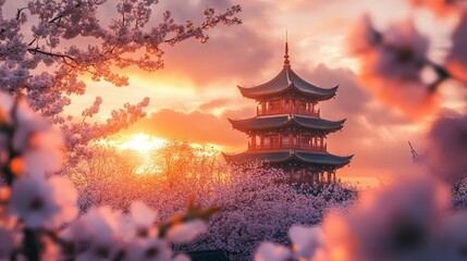 Serene Japanese Pagoda Amidst Cherry Blossoms: A tranquil Japanese pagoda is framed by delicate cherry blossoms, basking in the soft glow of a serene sunset, embodying peace and harmony.