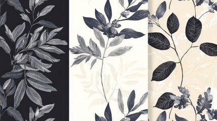 Fototapeta premium Floral Elegance: Artistic floral arrangements adorn three panels, showcasing intricate leaf patterns with an elegant monochrome palette, evoking a sense of tranquility and artistic beauty.