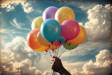 Hand Clasping Colorful Balloons Against a Vintage Cloudy Sky Background