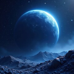 Dusty blue planet with swirling cosmic vortex and starry night sky, starry night, cosmic vortex