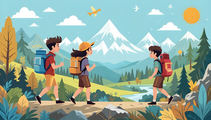 Fototapeta premium flat illustration young travelers with backpacks exploring nature, mountains, maps, and travel icons, colorful and playful flat art style for vacation and tourism themes
