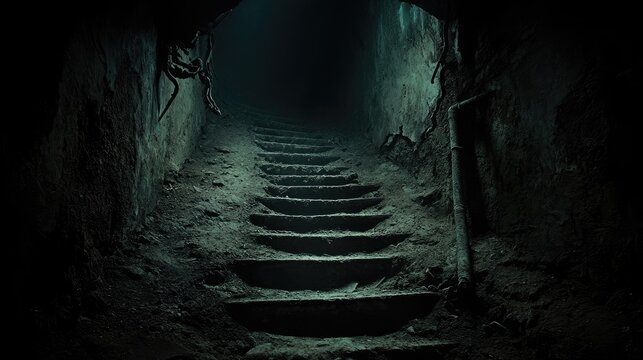Mysterious dark stairway descending into darkness eerie green blue light suspenseful composition