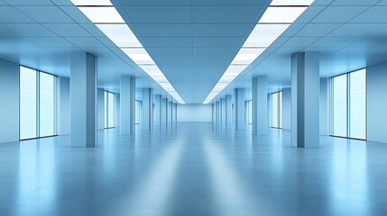 Fototapeta premium Modern Office Interior Empty Hallway with Large Windows and Bright Lighting