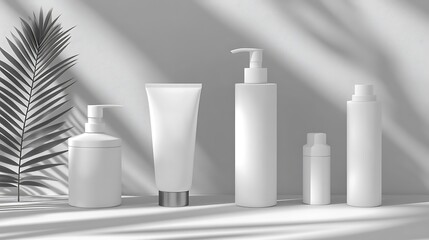 White Cosmetic Bottles  Tube  and Palm Leaf Mockup
